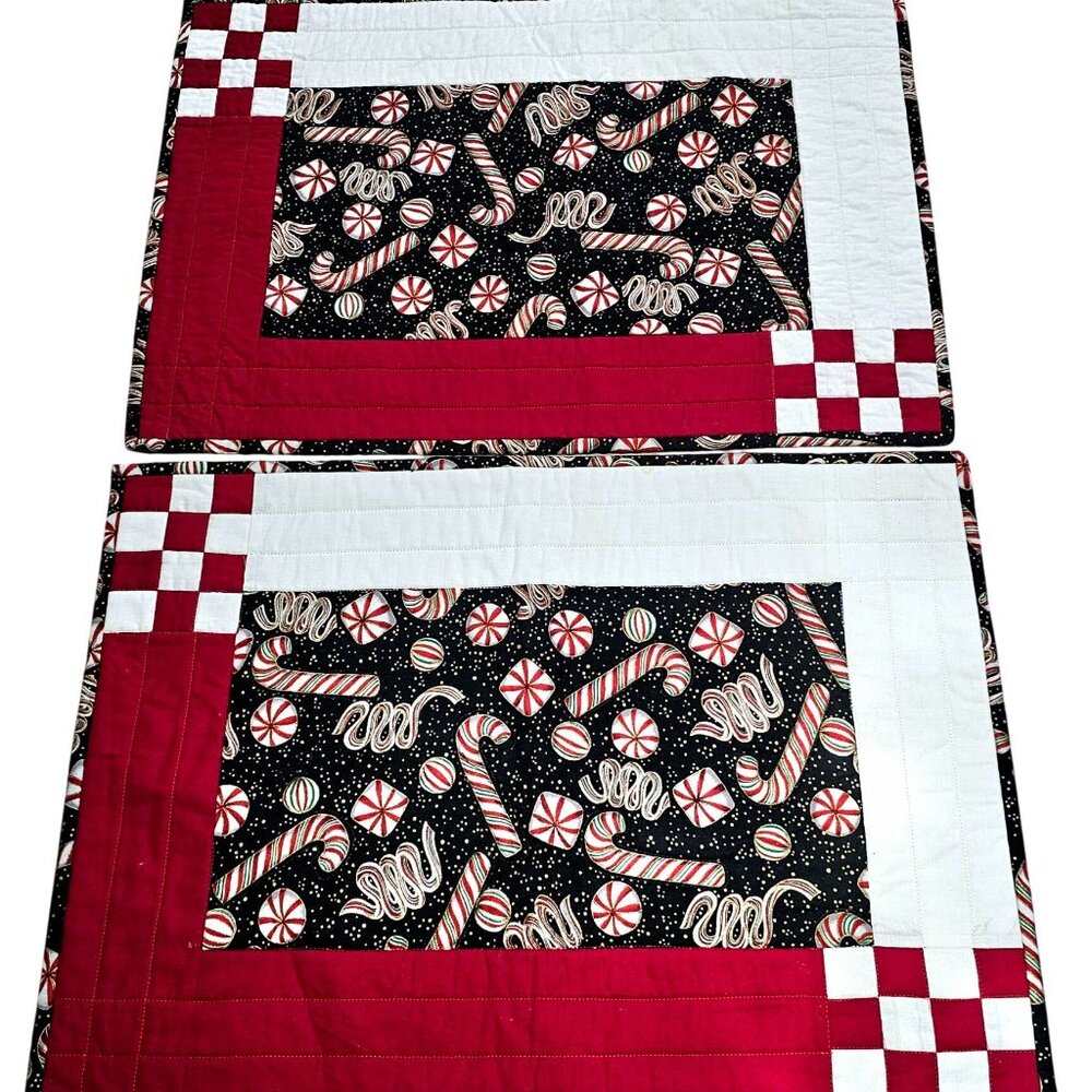 Handcrafted Christmas Quilted Placemats 20x14.5" set/2 peppermints black red whi